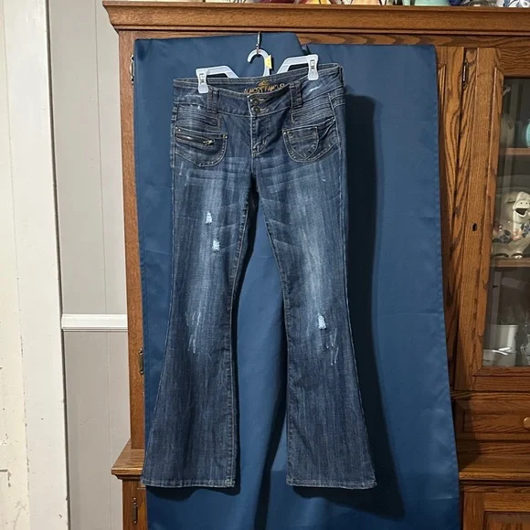 Almost Famous Distressed Blue Flare Jeans - Picture 1 of 3